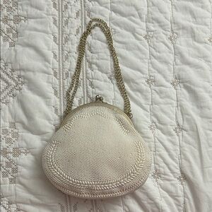 Vintage Cream Beaded Clutch with Gold Chain